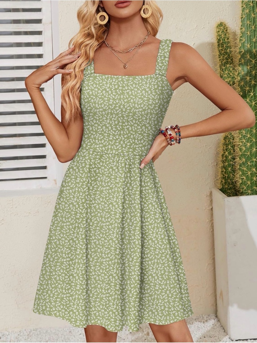 Sage Floral Square-Neck Midi Dress